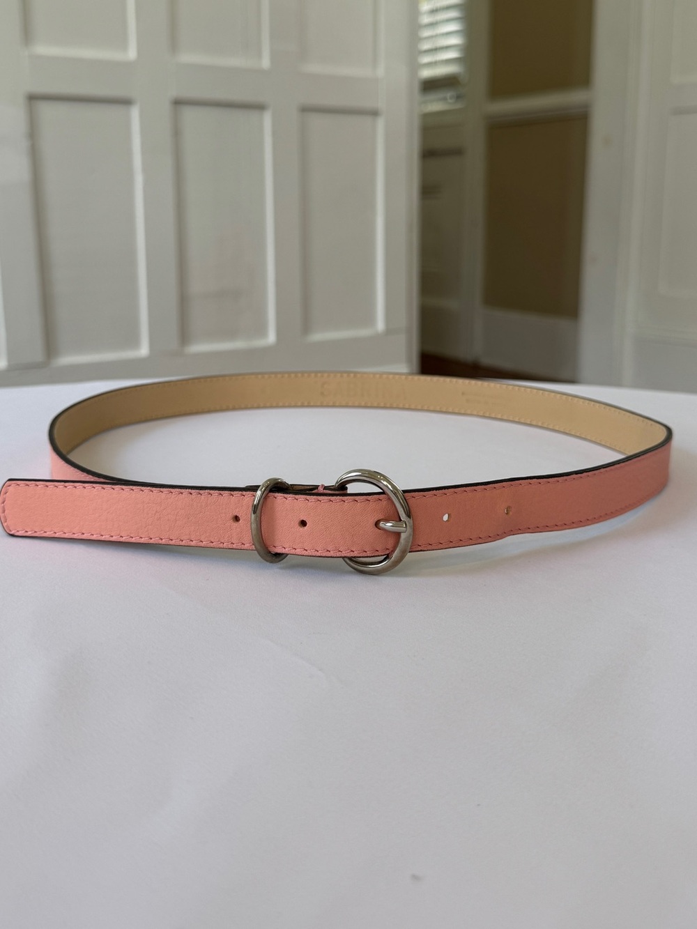 Vintage SABRINA Baby Pink Leather Skinny Belt Silver Buckle Women’s M Italy
